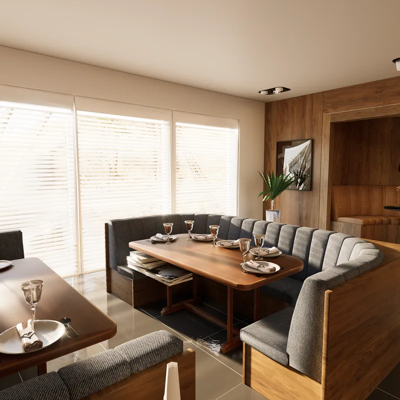 A warm modern dining space designed by Studio Vaya