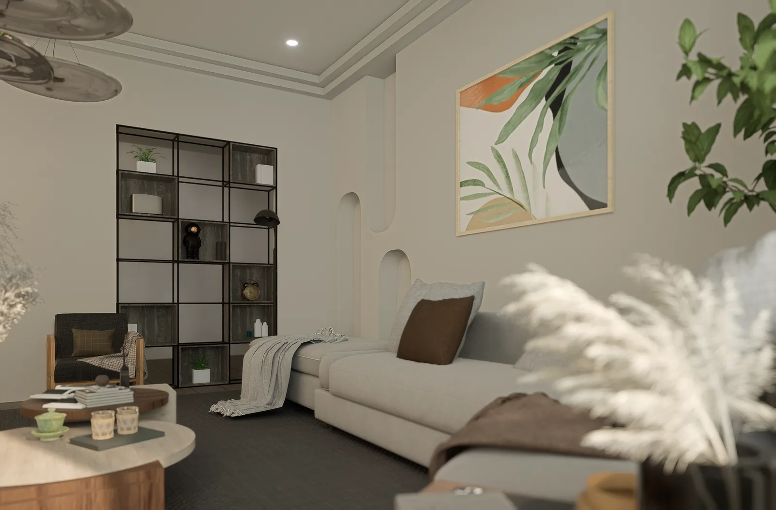 A styled living room in warm neutral tones with layered detailing