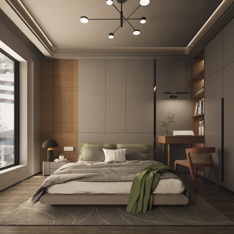 A cozy bedroom in warm neutral tones