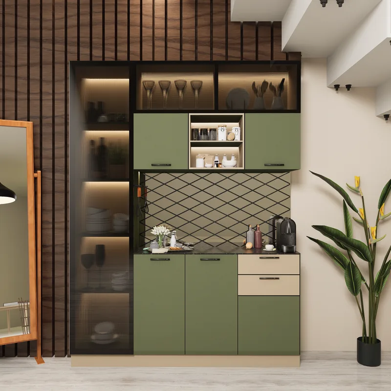 A modular kitchen with wood and green cabinetry