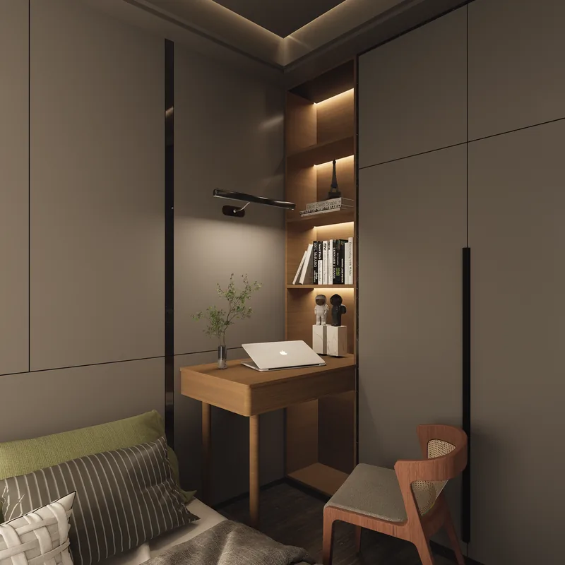 A compact home office with a wooden desk